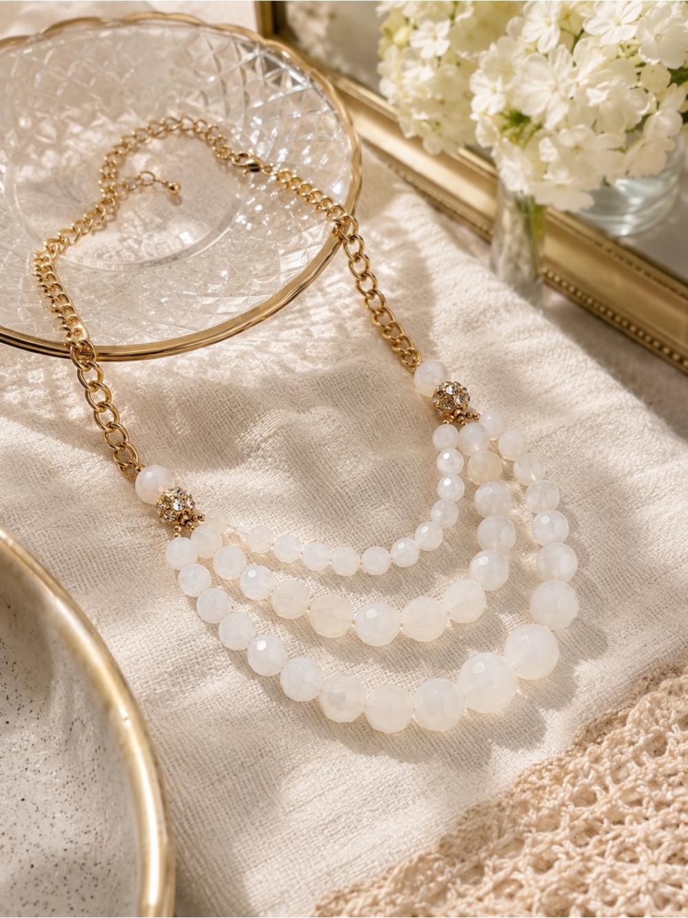 Chroma White Resin Bead Statement Necklace Goldtone White Austrian Crystal 20”